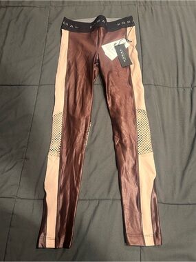 NWT Koral Women’s Brown & Beige Shiny mesh detail Leggings